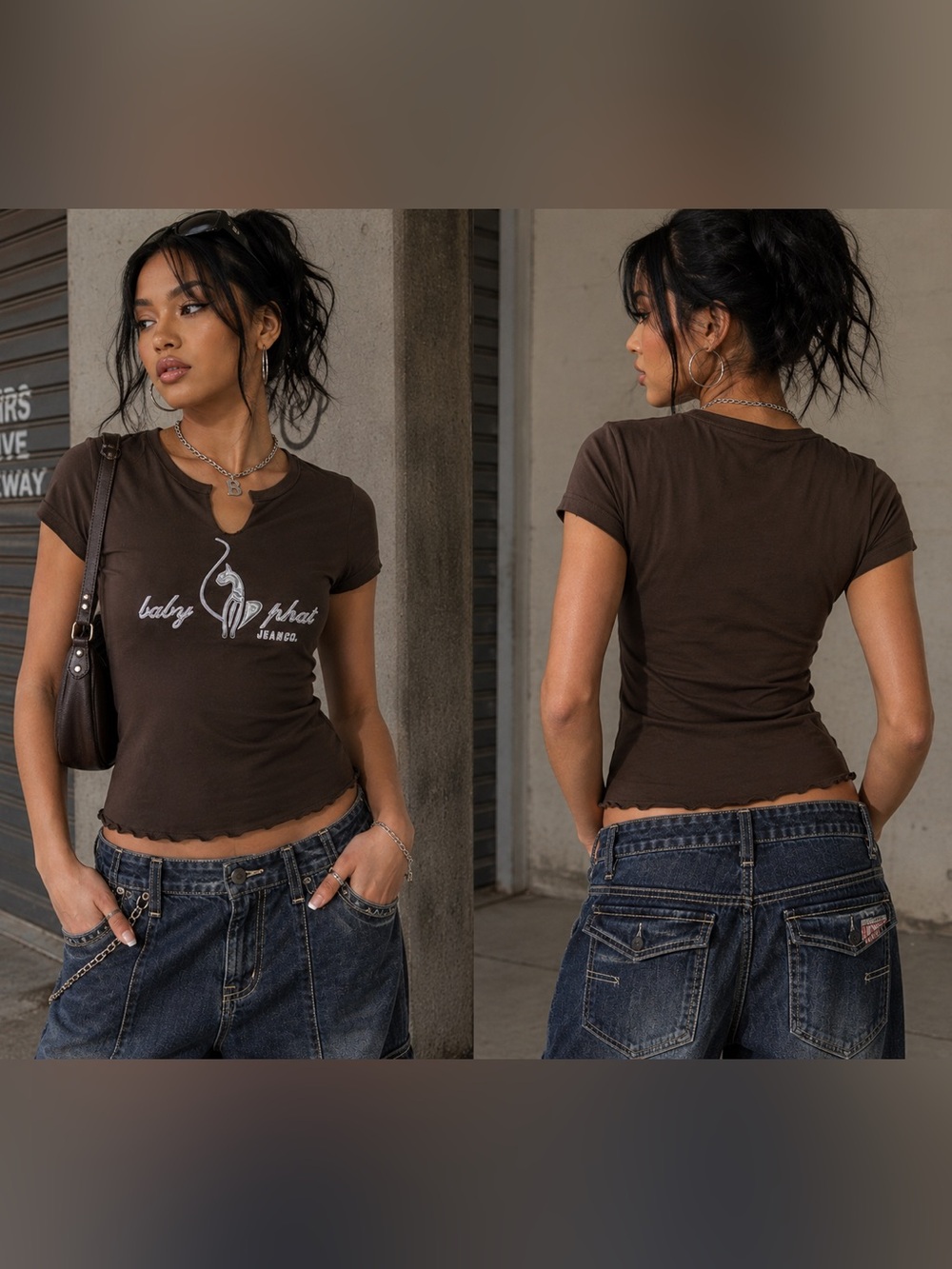 Baby Phat Y2K Brown Short-Sleeve Streetwear Casual With Silver 3D Logo Tee Large